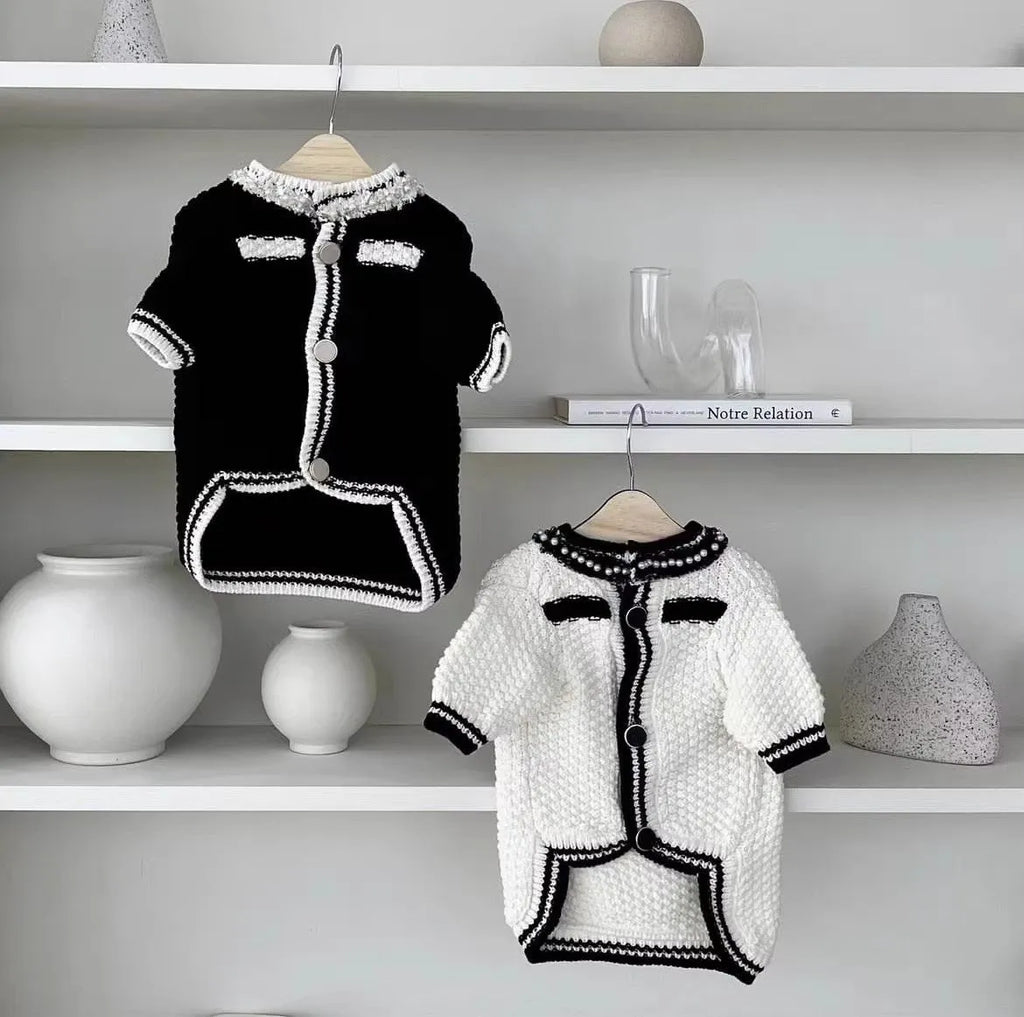 Korean style white dog sweater with pearl collar on small puppy showing princess design details