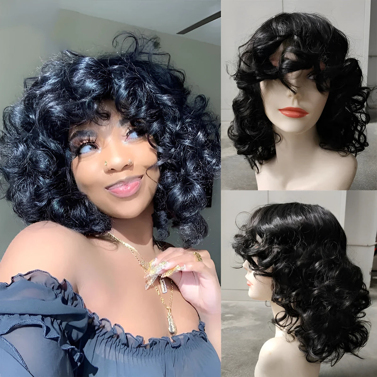 Black synthetic Afro wig with long curly hair in exotic European American style