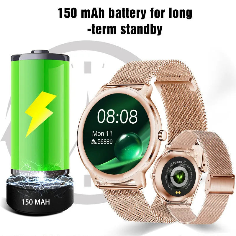 Women's rose gold smart watch with stainless steel mesh strap and a 1.3-inch touch screen display.