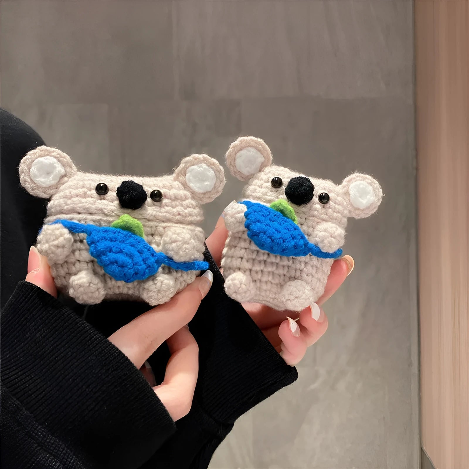 Handmade knitted koala bear backpack design protective case for AirPods charging case.