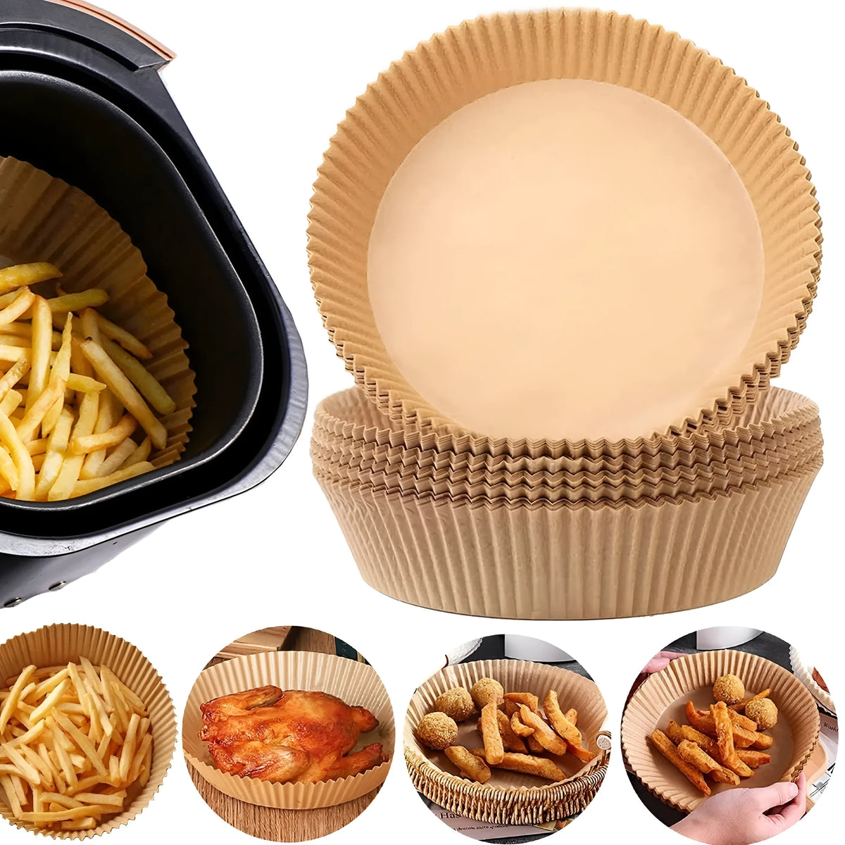 Round disposable air fryer paper liners, white and natural colour, 16cm diameter with 4.5cm heightened edge.