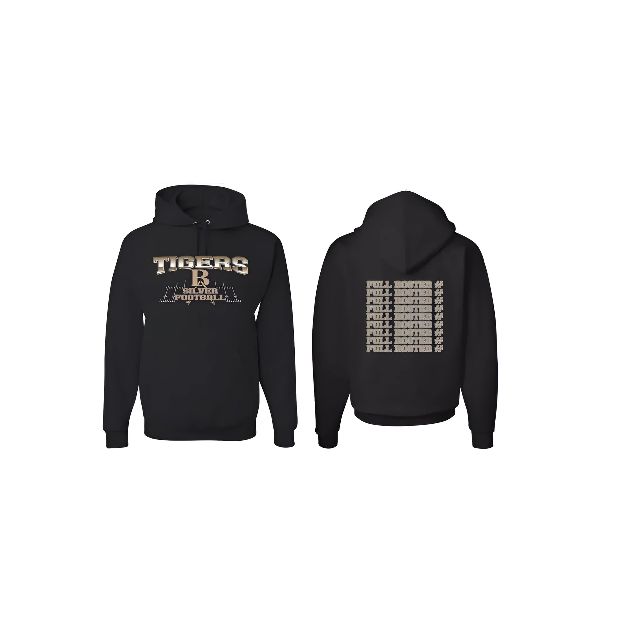 Black drop-shoulder sleeve polyester hoodie laid flat, showing pullover style and long sleeves.