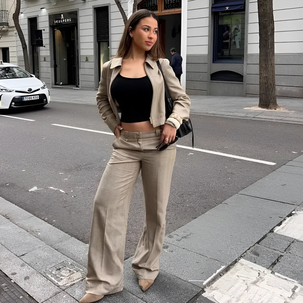 Women's herringbone pattern suit set with long sleeve jacket and straight-leg trousers