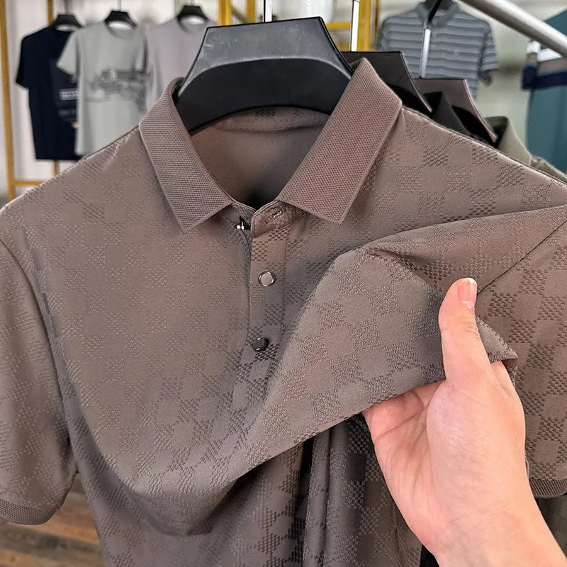 Rhombus Thin Ice Silk short sleeve T-shirt in black, showing slit design detail on a hanger.