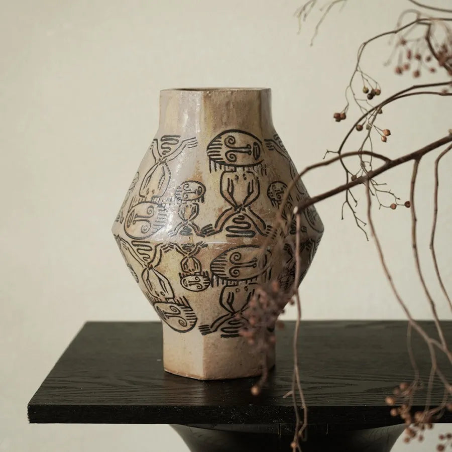 Hand-painted ceramic cylindrical table vase with carved religious and symbolic tribal totem flower patterns in large or small size