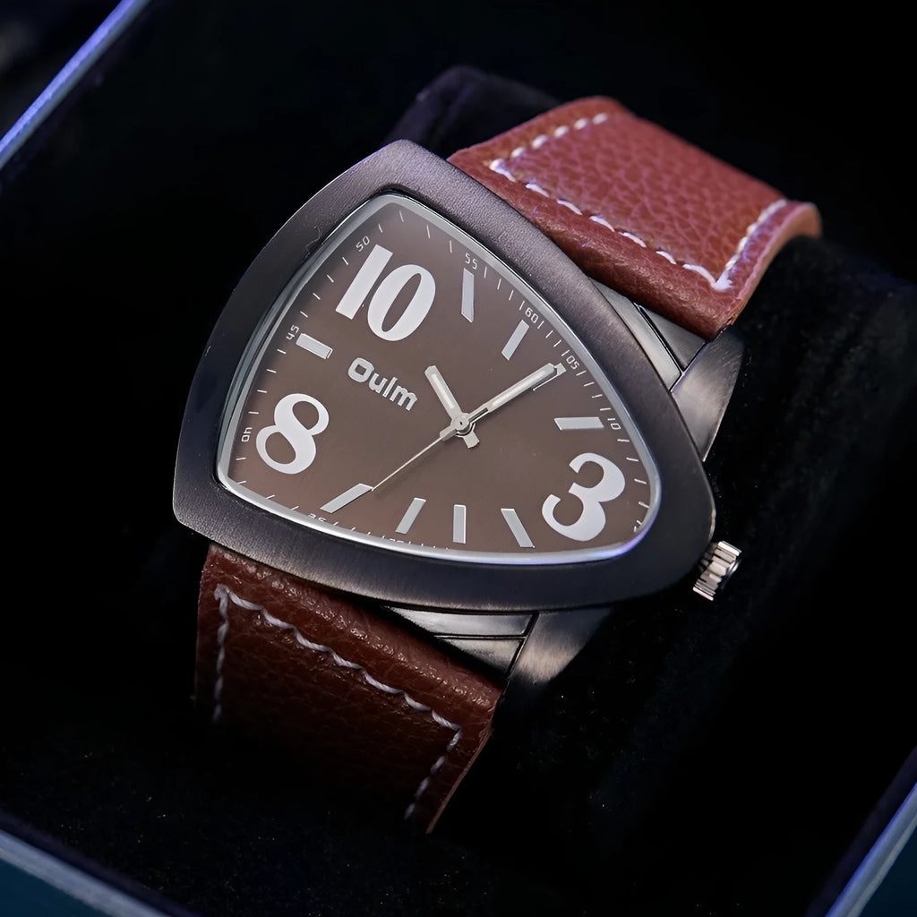 Men's slim casual quartz watch on wrist showing brown, black, or blue colour and 9mm thickness