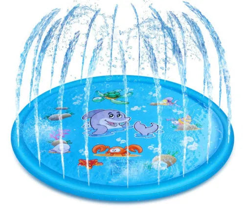 Blue children's water spray play mat with marine animal graphics for outdoor garden use