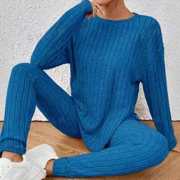 Women's black sunken stripe two-piece lounge set with top and trousers
