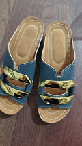 Roman style platform flip-flop sandals in white, black, khaki, and sea blue colours on a solid background.