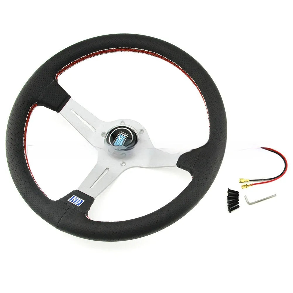 14-inch leather steering wheel with middle concave design showing hand-stitched detailing