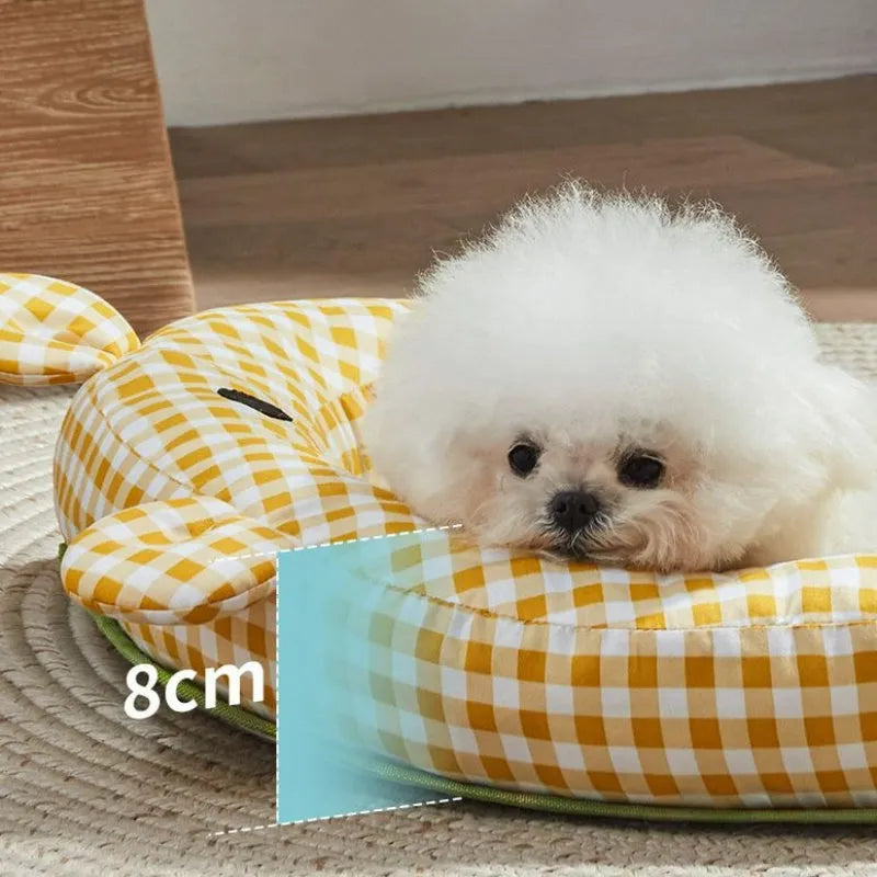 Green and yellow dog cooling mat pet bed showing four size options for small to large animals