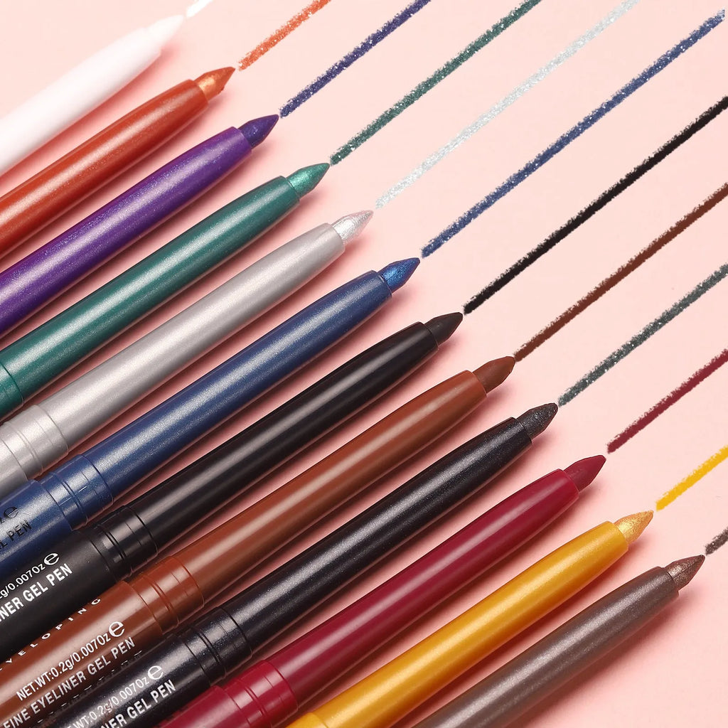 12 colourful gel glitter eyeliner pencils with various shades arranged in a set