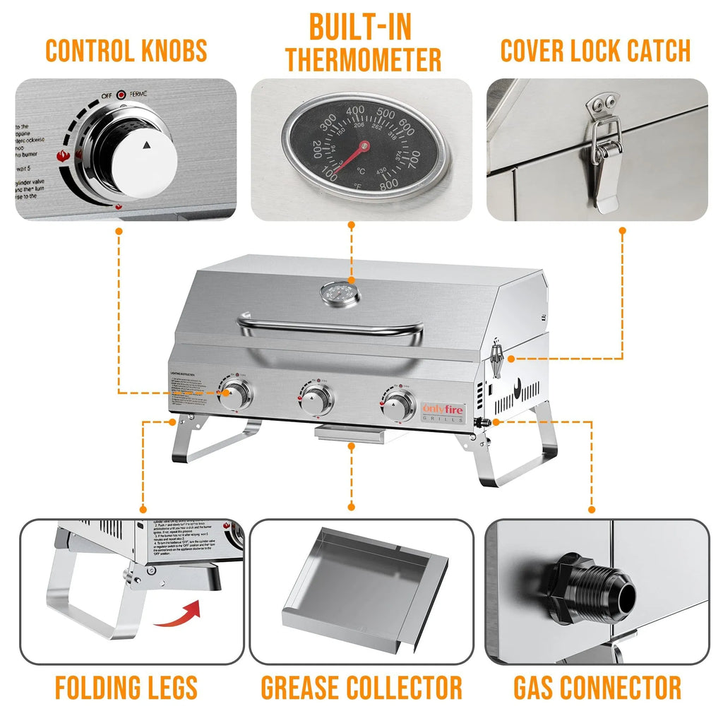 Silver stainless steel desktop gas barbecue grill with three burners and foldable legs.