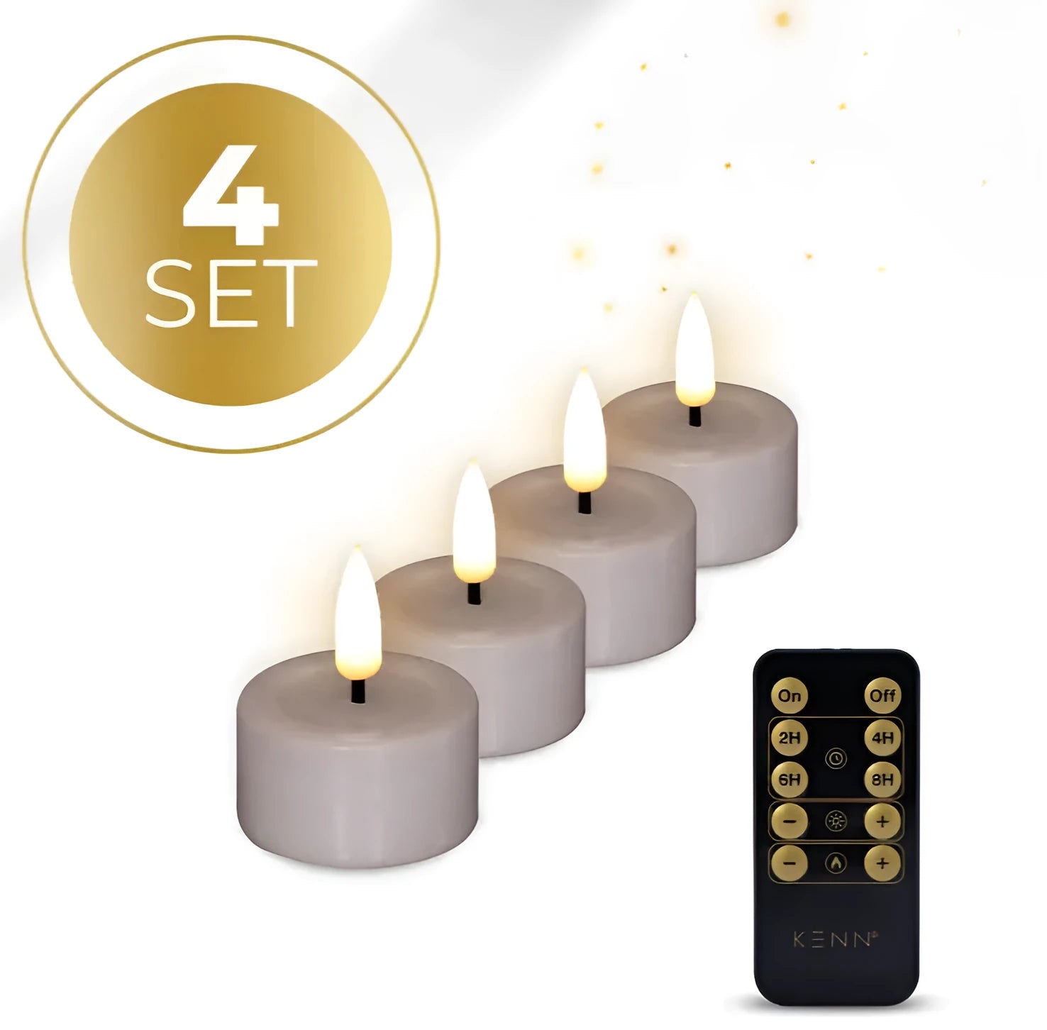 Four taupe-coloured S4 LED tealight candles with flickering flame effect on a table.
