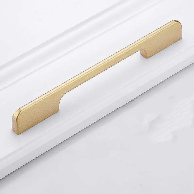 Gold T-shape single hole cabinet handle with measurement options for wardrobe and drawer installation