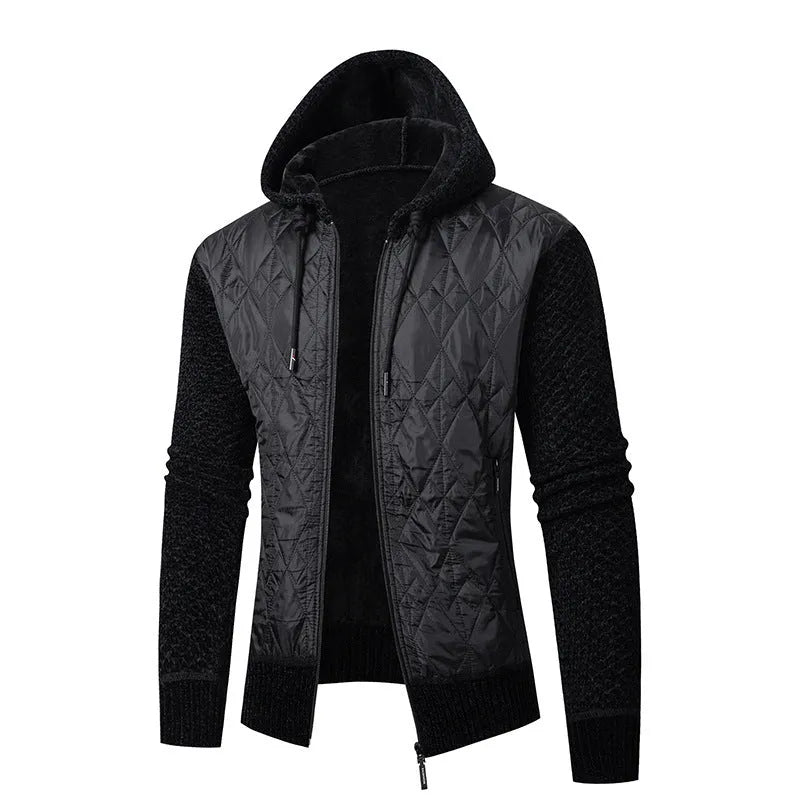 Men's grey hooded corduroy sweater coat with cinched cardigan styling