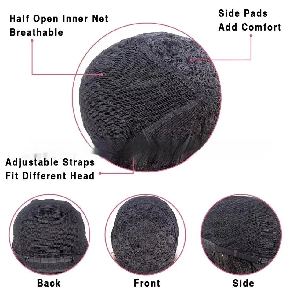 Women's natural colour full mechanism human hair wig shown at medium length.