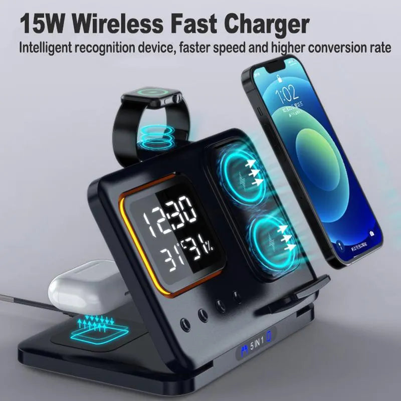 Black or white 5-in-1 wireless charging station with LED display showing time and temperature, charging phone and watch.