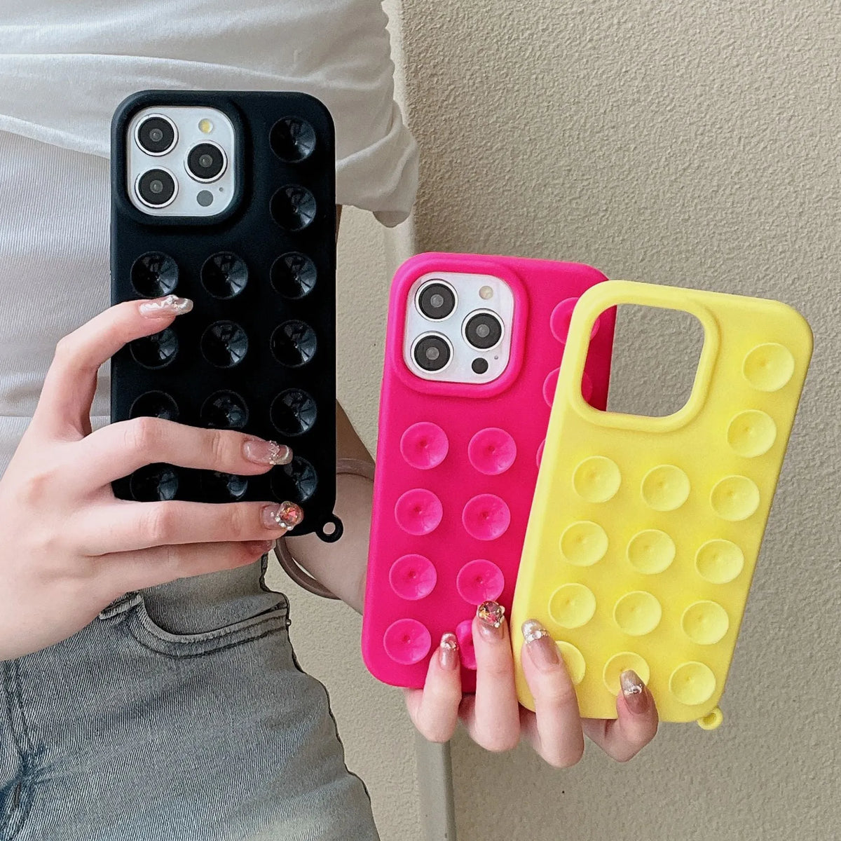 Silicone phone case with bracket and magnetic suction in black, pink, purple, rose red, yellow, blue for iPhone 11-16 Pro Max