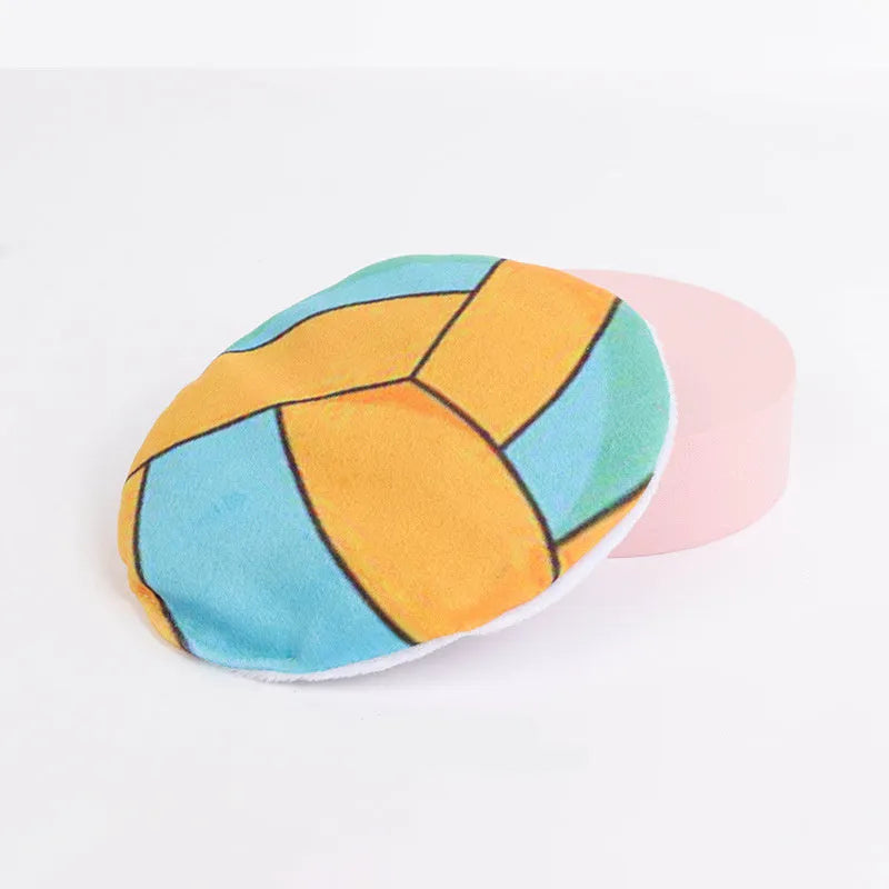 Plush basketball-pattern flying disc cat toy with catnip and crinkle sound features