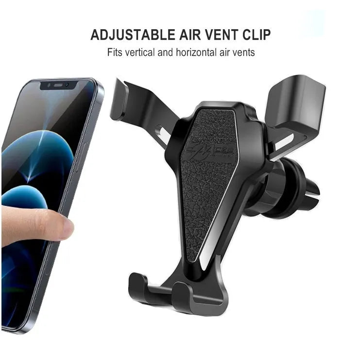 Universal car air vent phone mount in elegant black, fitting 66-84mm wide smartphones, rechargeable, with silicone and alloy construction.