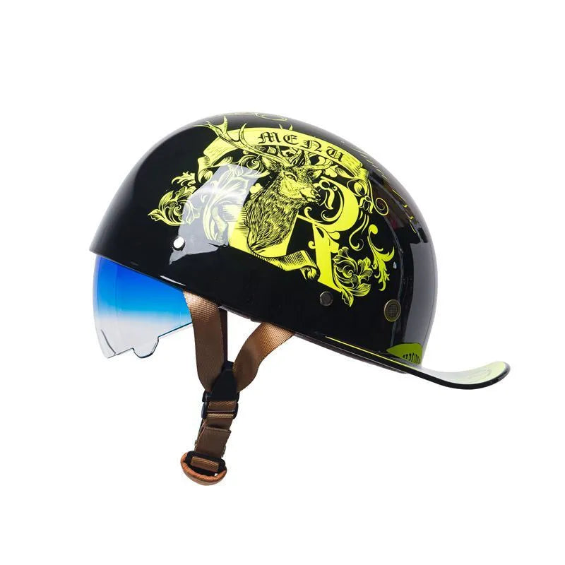 Men's bright black retro half helmet for electric bicycles with a blue gradient lens visor.