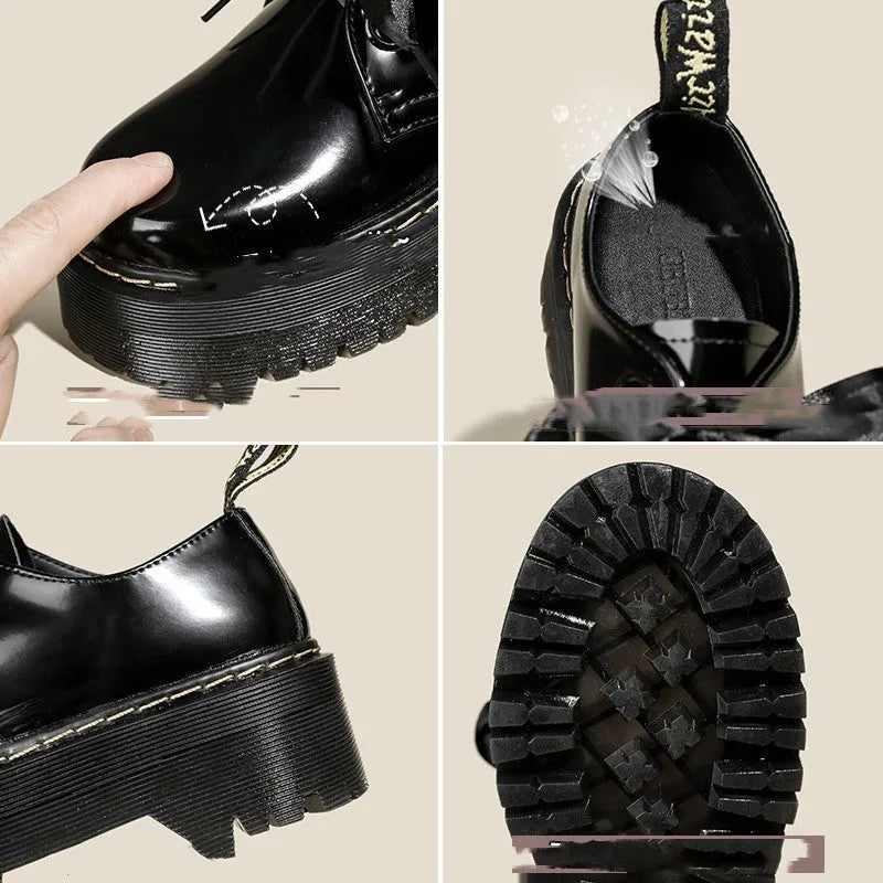 Women's black thick-soled lace-up shoes with white ribbon cross strap details on a superfine fibre upper.