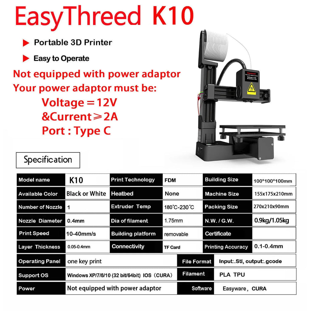 White EasyThreed K10 entry-level 3D printer on a desk, showing its compact size and build plate.