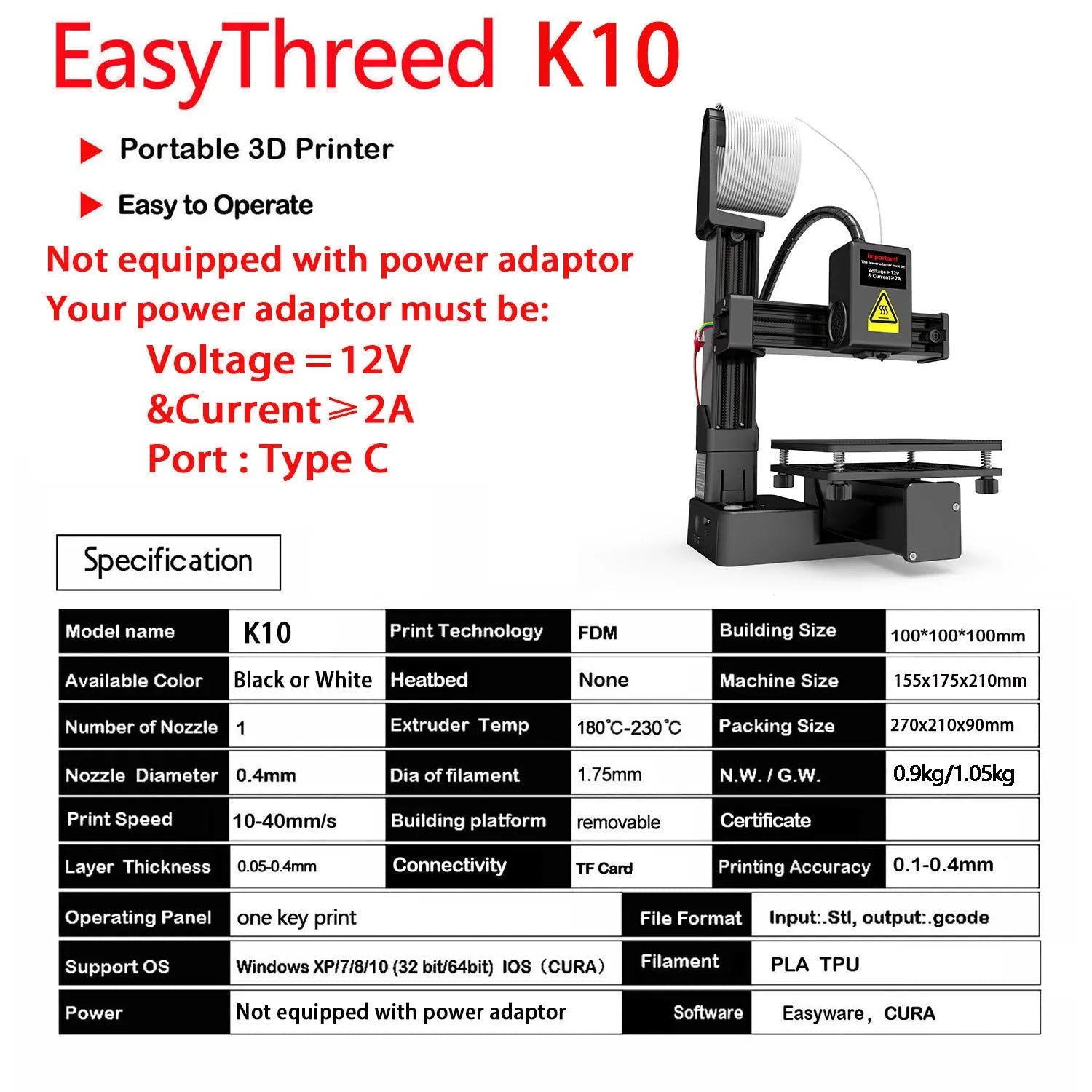 White EasyThreed K10 entry-level 3D printer on a desk, showing its compact size and build plate.