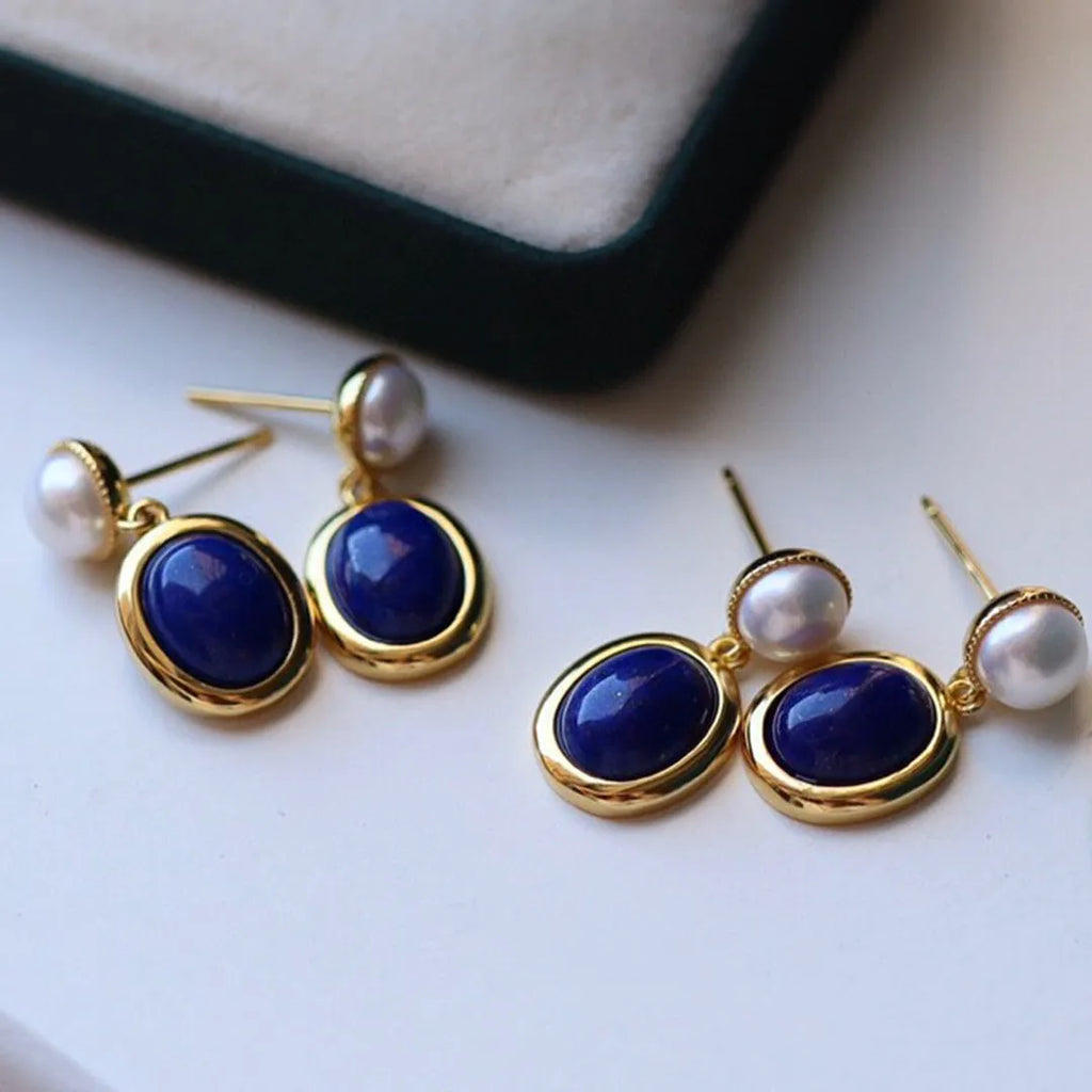 925 silver drop earrings with natural lapis lazuli pearls and auspicious patterned studs