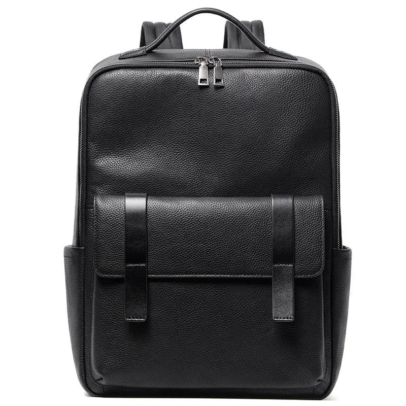 Men's black genuine leather computer backpack with weaving detail and large 36-55L capacity.