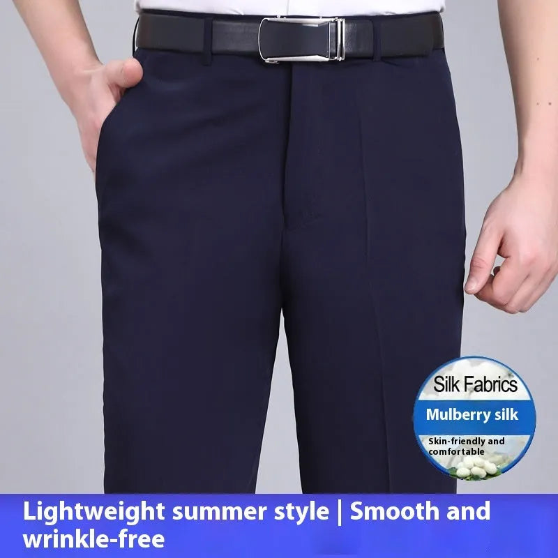Men's straight-leg business trousers in mulberry silk blend fabric with non-iron properties