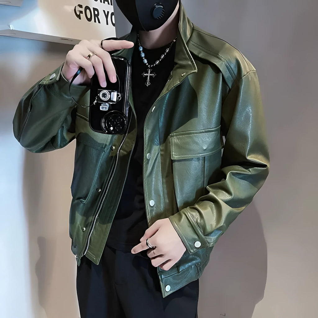 Men's black Korean style regular fit PU leather jacket with straight hem and side seam pockets