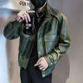 Men's black Korean style regular fit PU leather jacket with straight hem and side seam pockets