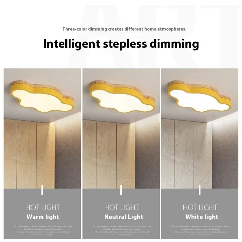 Cloud shaped ceiling LED light fixture in wood effect finish with modern design