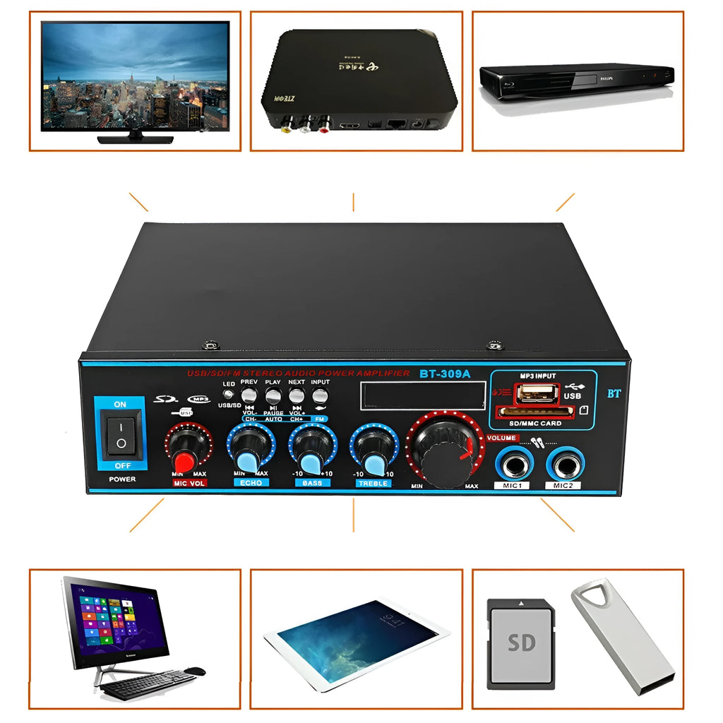 Black dual-purpose power amplifier with Bluetooth and recording functions for home and car audio
