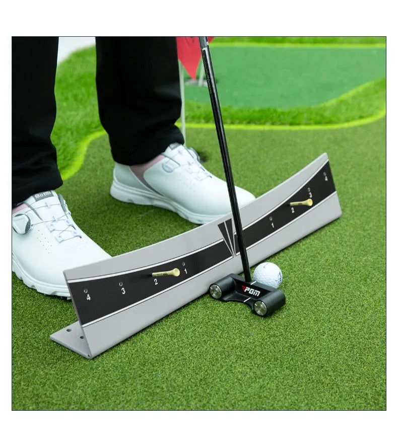 Adjustable golf putter balance simulator with PVC frame for stroke training.