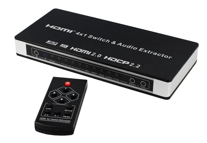 Black HDMI audio extractor switch with 4 inputs 1 output and remote control