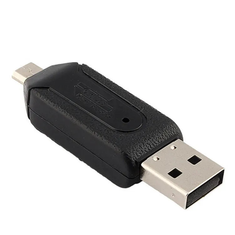 White OTG card reader with micro USB and USB connectors for Android phones and computers