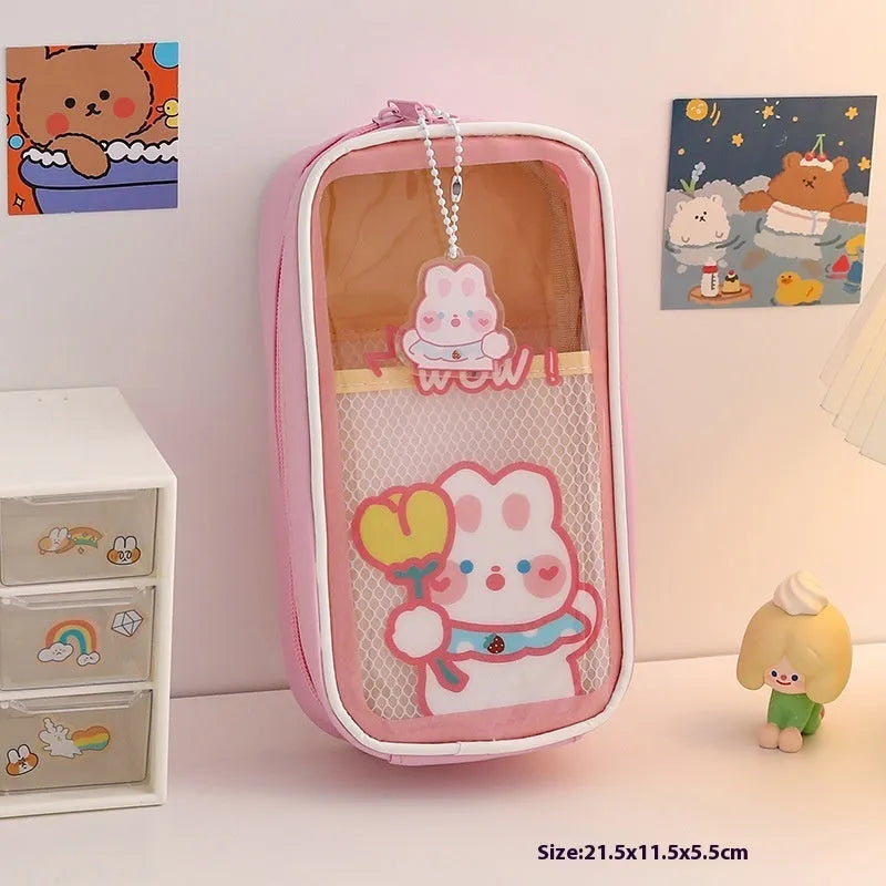 Transparent PVC pencil case with Korean cartoon pattern design for school stationery storage