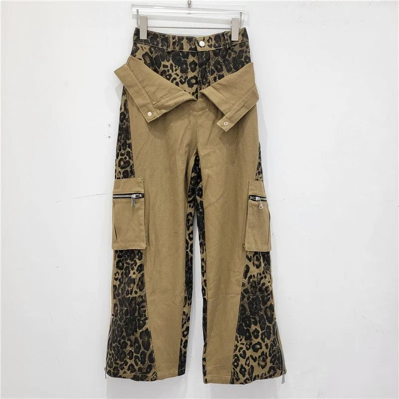 Dark khaki leopard print high waist jeans with straight legs and faux double stitching details