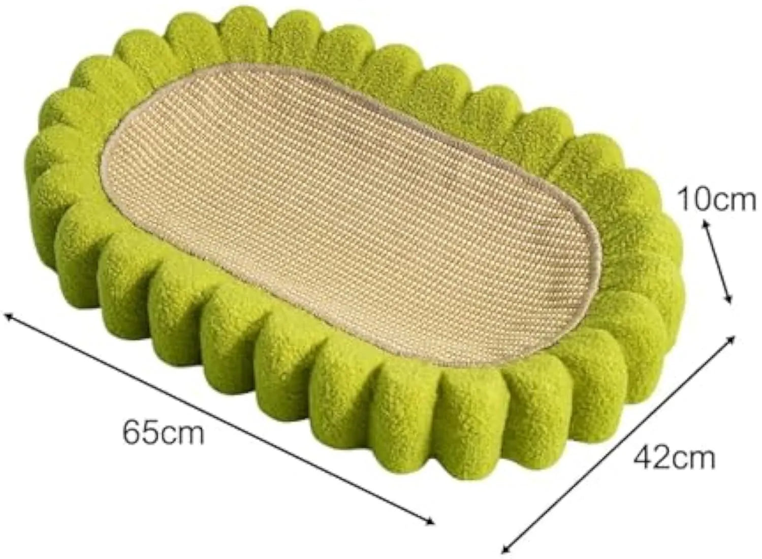 Green oval sisal cat scratching pad serving as a lounging bed with dimensions 650mm by 420mm.