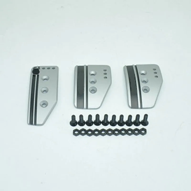 Aluminium alloy manual transmission car pedal set showing accelerator, brake, and clutch pedals with screws and nuts.