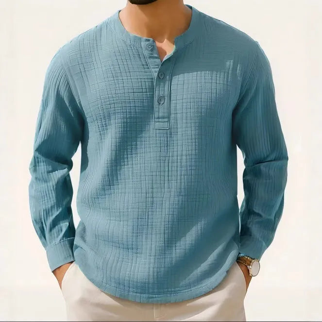 Slim fit cotton linen long sleeve pullover shirt with 3/4 sleeves in Army Green colour