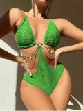 Women's black polyester bikini swimsuit with chain-link detailing, showing front view