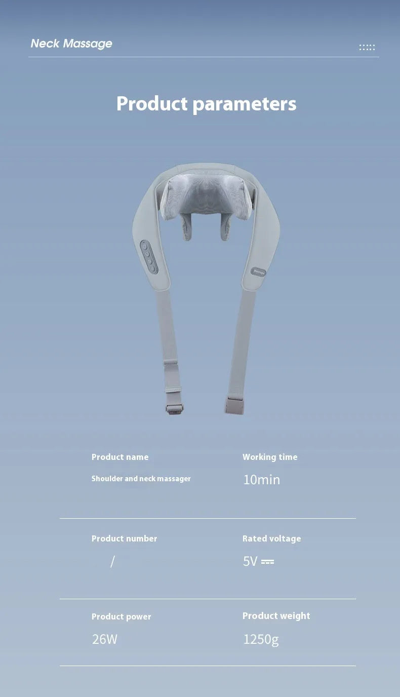 Grey USB-powered neck and back massager with elastic fabric and two-speed controls