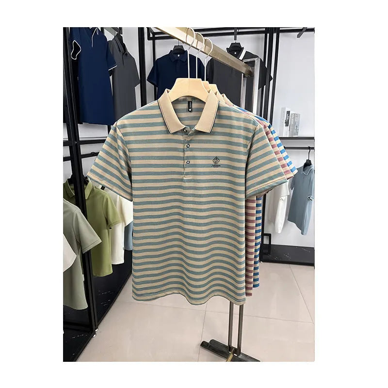 Men's red striped polo shirt with mosaic pattern on short sleeves