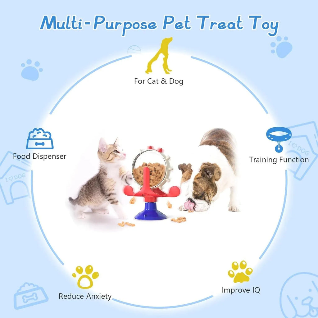 Blue interactive pet puzzle toy with spinner and suction cup base for cats and small dogs