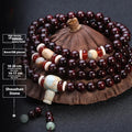 Men's rosewood bracelet with 108 beads in 6mm or 8mm sizes, showing Tibetan silver and natural stone bead options