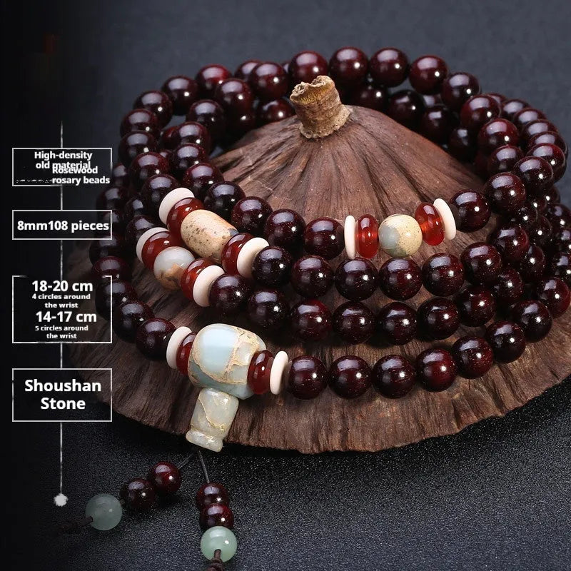 Men's rosewood bracelet with 108 beads in 6mm or 8mm sizes, showing Tibetan silver and natural stone bead options